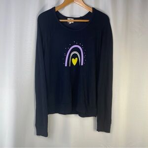 Sundry Rainbow Heart Graphic Crewneck Terry Sweatshirt Navy Blue Size 2